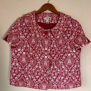 LOFT Quilted Cropped Jacket, Size 10, Red White Holiday Festive Cottagecore EUC